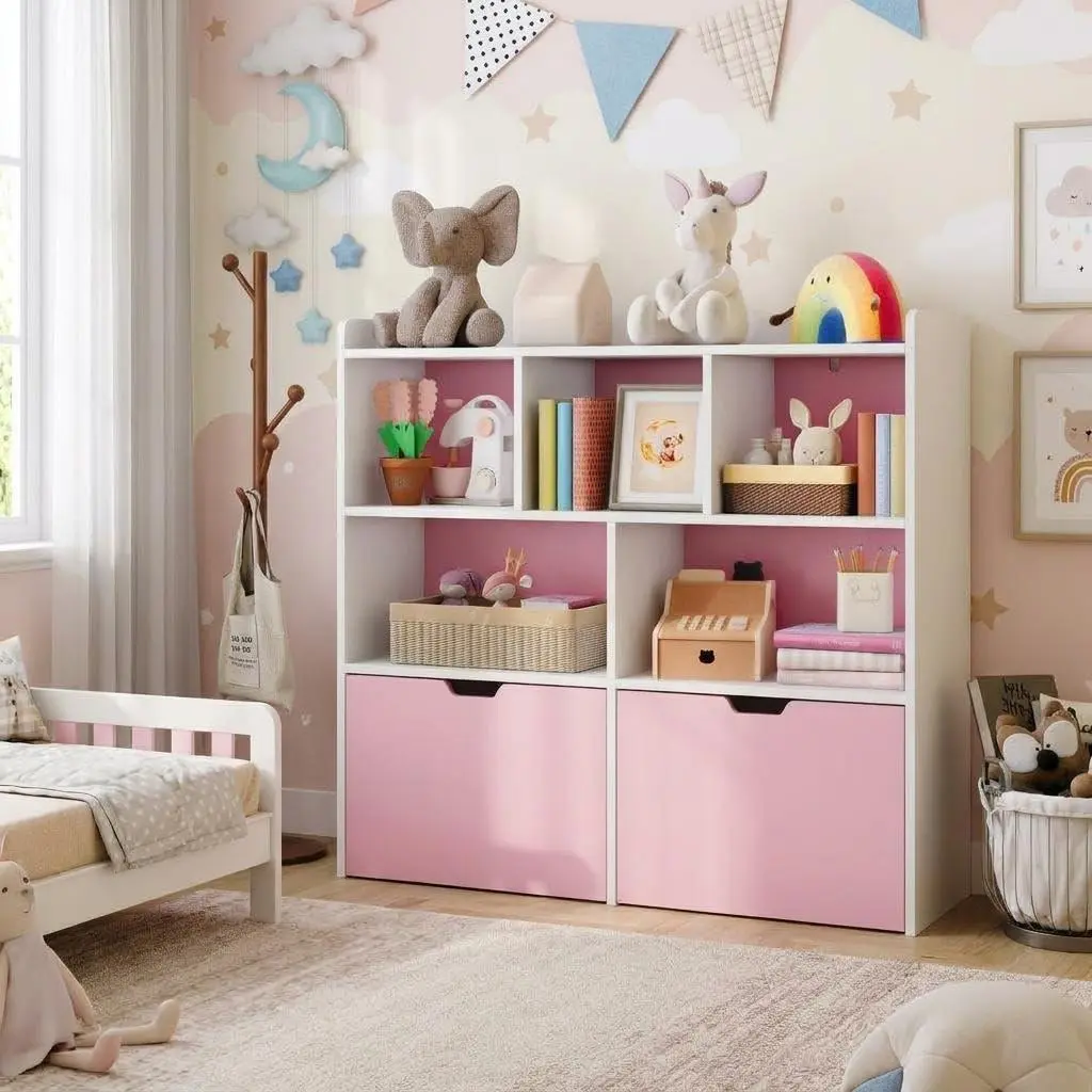 Pink Kids Toy Storage Cabinet with Movable Drawers and Open Shelves - Kids Organizer for Playroom, Nursery