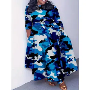 Elegant Women's Plus-Size Dress with Tie Waist, Casual Fashionable Long Sleeve Camouflage Print Knit Fabric with Pocket, X-Shape Fit, Round Neck, Straight Hem, No Bra Pad - For Women - Suitable for Spring/Summer/Autumn - Perfect for Casual Outings & Ever