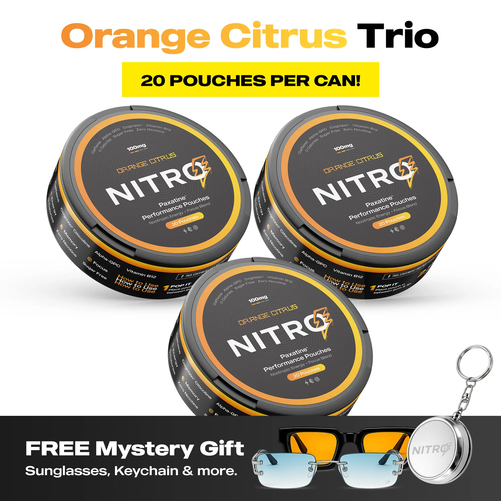 Nitro Nootropic Energy Pouches - Energy + Focus Pouches - 100mg Caffeine, Alpha GPC, Cognizin Citicoline, L-Theanine, Vitamin B12 - No Sugar, Nicotine-Free - 20 Pouches Per Can - 3 Pack - Orange Citrus