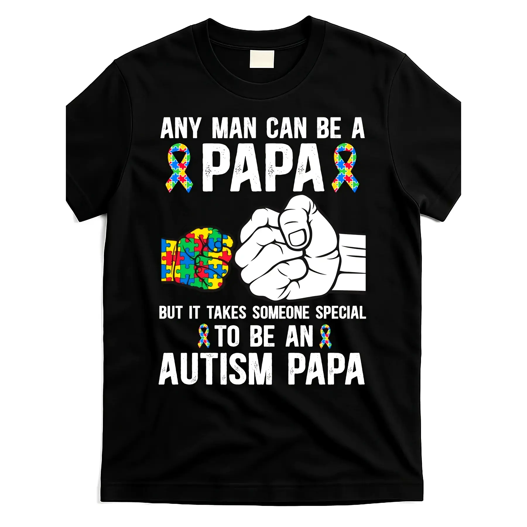Men's Autism Awareness Dad Graphic Tshirt with Puzzle Piece & Fist, Soft 100% Cotton Shortsleeve Crew Neck, Lightweight Father's Gift, Round, Casual, Streetwear, All Seasons, Tops, Menswear, Round Neck, Simple, Fitness, Cotton Fabric, Puzzle Print, Casual