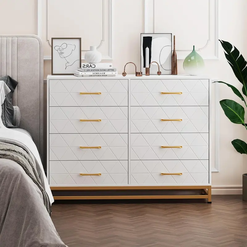 8-Drawer Modern White Bedroom Dresser with Metallic Handles, Wooden Wide Modern Storage Cabinet for Drawers Organization, Commercial Office Furniture, Modern Storage Cabinets