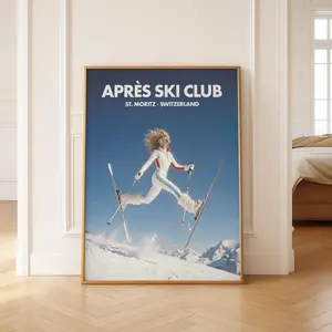 Apres Ski Club Poster, St Moritz Ski Print, Retro Winter Wall Art, Vintage 70s Ski Decor, Old Money Aesthetic, Luxury Travel Art