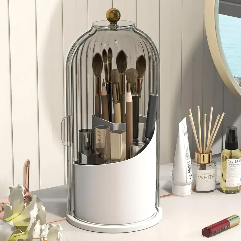 【SummerVibes】360 Rotating Dustproof Makeup Brush & ToothbrushHolder-Clear Transparent Storage Organizer with Lid forVanity Bathroom Countertop clear dustproofstorage box