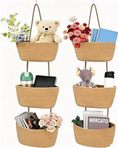 Hanging Over the Door Organizer, 3-Tier Woven Cotton Basket, Wall-Mounted Storage Bag, Decorative Nursery Baskets target baskets black box covered wax room burr baskets shelf storage basket small woven basket small storage basket Flower Mother's Day gift