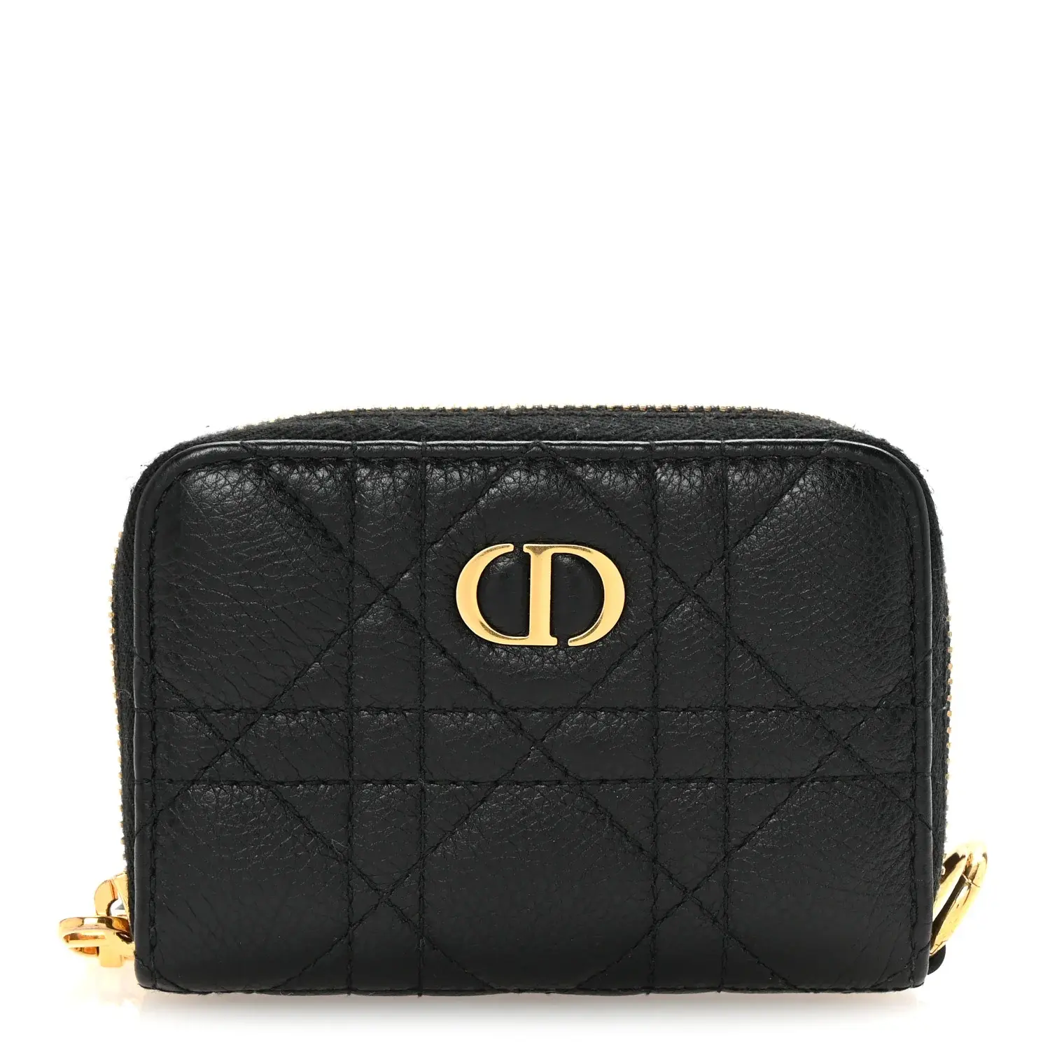 Pre-owned Dior Grained Calfskin Small Leather Goods Supple Cannage Caro Compact Zip Card Wallet Black