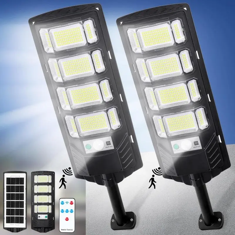 2‑Pack Outdoor Solar LED Flood Lights, 12,000‑Lumen Solar Street Lights, Waterproof Dusk‑to‑Dawn Wall‑Mount Security Lights with Motion Sensors & Remote Controls for Yards, Driveways, Parking Lots