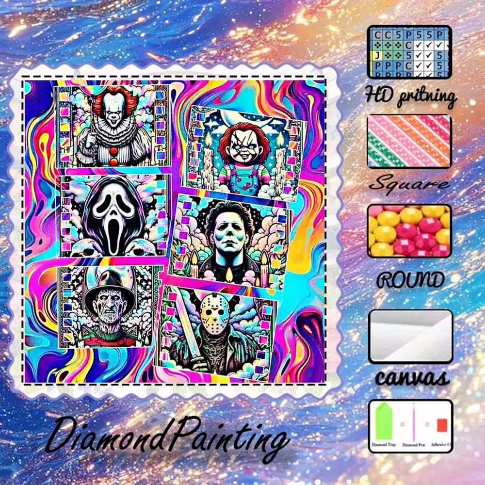 DIY 5D Flocking Cloth Diamond Painting Craft Kit, AB diamonds, fairy dust diamonds, crystal diamonds, clown, zombie, knife, diamond embroidery, special technique diamond art kit, wall decoration, gift for family, loved ones, and friends, Handmade Gifts