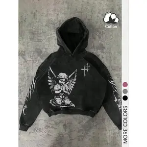 1PC Unisex Black Cotton Hoodie, Gothic Streetwear with Angel Wings and Cross Print, Oversized Fit for Men and Women, Perfect for Casual Daily Wear and Urban Fashion