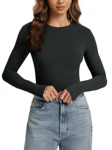 ODODOS Women's Double Layer Long Sleeve T-Shirts Ultra-Soft Lightweight Basic Tee Crew Neck Slim Fit Top