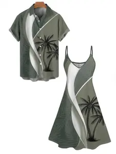 2025 Couple Set Colorblock Women's Coconut Tree Leaf Print Spaghetti Strap Vacation Dress And Men's Roll Up Sleeve Shirt Matching Outfit