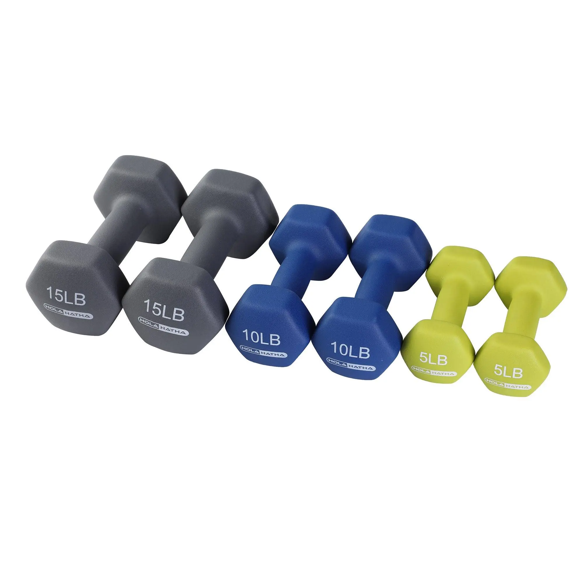 HolaHatha 5, 10, and 15 Pound Neoprene Hex Dumbbell Set with Rack - Strength Training Dumbbell Set HolaHatha 5, 10, and 15 Pound Neoprene Hex Dumbbell Set with Rack - Strength Training Dumbbell Set