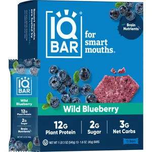 IQBAR Wild Blueberry Brain and Body Plant Protein Bars - 12 Count, Low Carb, High Fiber, Gluten Free, Healthy Vegan Snacks - Low Sugar Keto Bar Pack