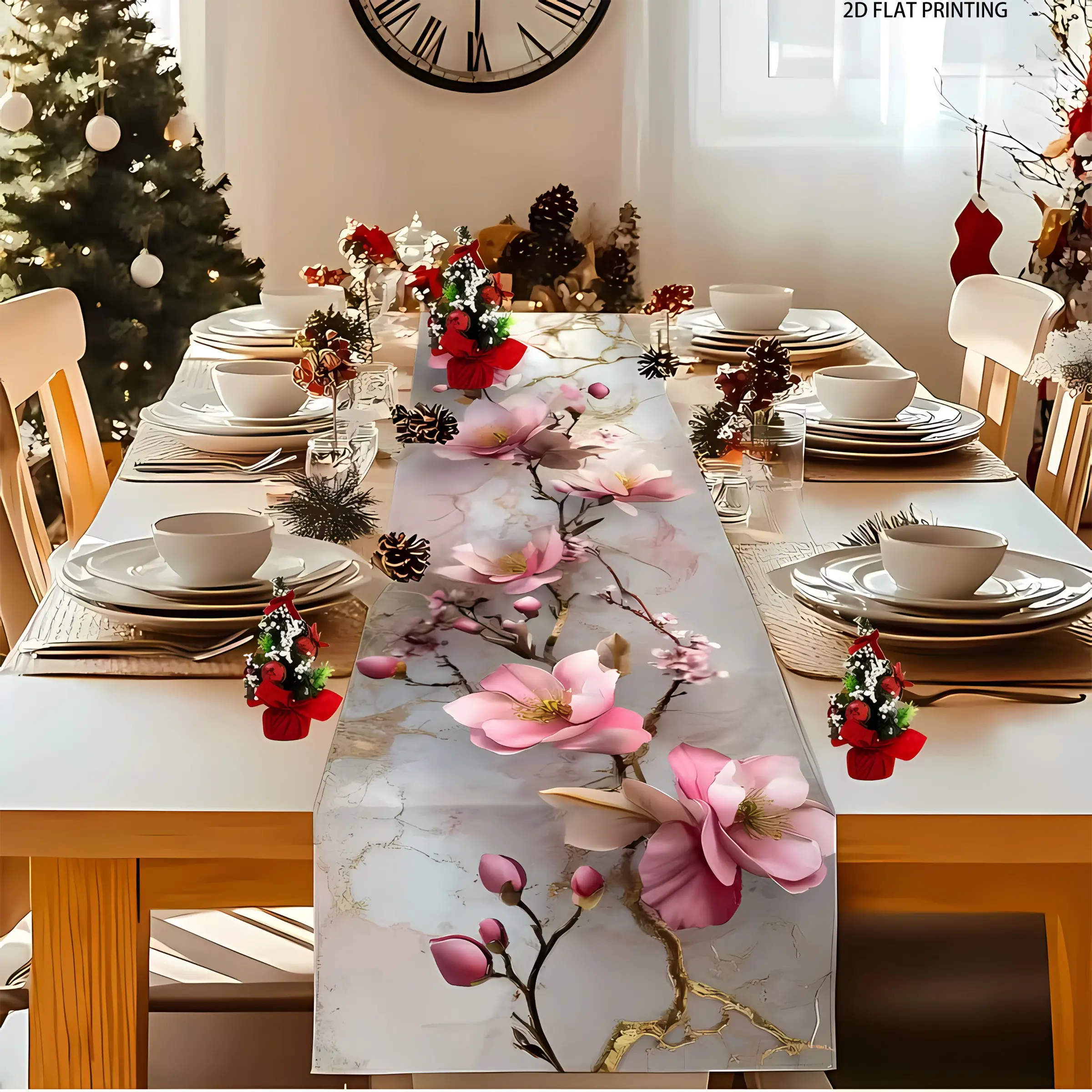 2D flat printing, marble patterned table runway with pink artificial orchid decoration, table cloth, Table runner, suitable for home decoration, durable and easy to clean, suitable for all occasions of table decoration