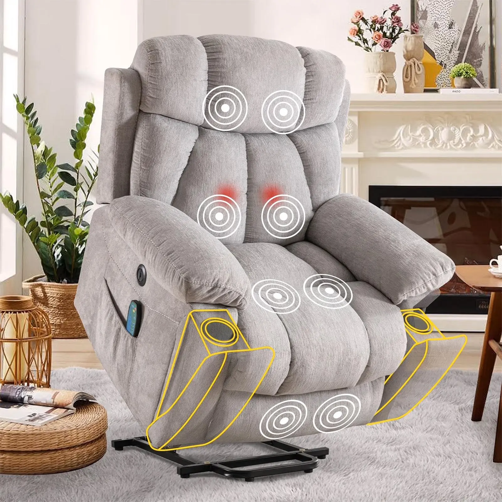 EBELLO 40.5" Wide Heavy Duty Oversized Electric Lift Massage Recliner - Heated Microfiber Chair with Padded Arms, Cup Holder, USB, Remote, Fast Setup, Stress Relief for Living Room Watch Parties (Dark Gray)