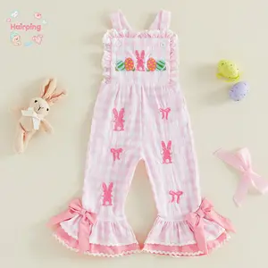 Vibrant Color Infant Easter Outfit - Breathable Pink Gingham Romper with Bunny & Egg Embroidery & Flared Hem, Affordable for Family Celebrations & Casual Daily Use