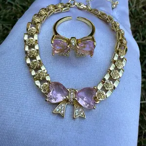 Elegant Vintage Jewelry Set - Bow Bracelet & Ring Combo - 6-8” bracelet with Gemstone Accents - Simple & Versatile Design