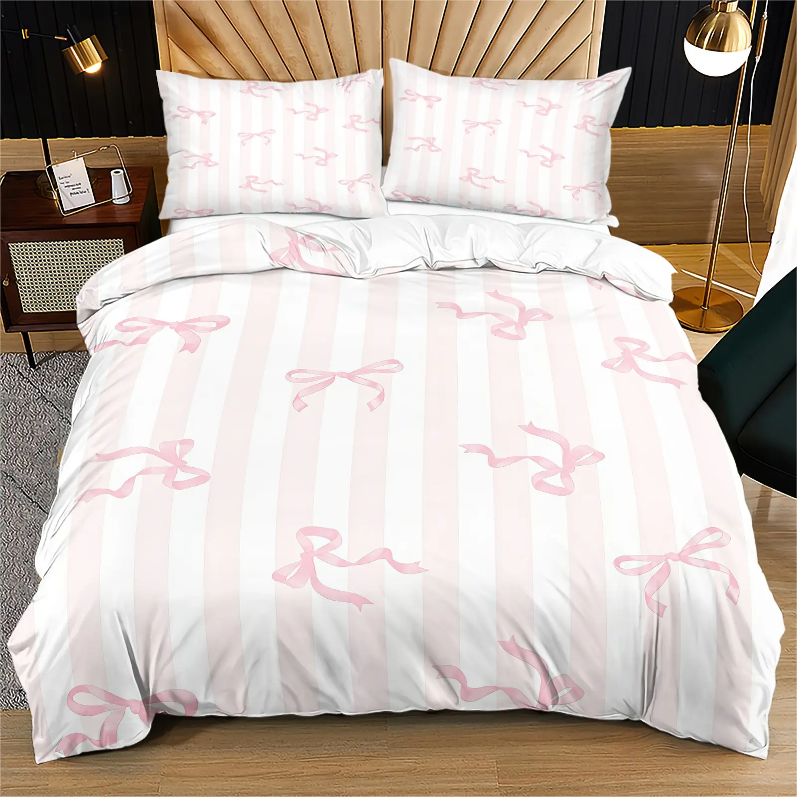 Bow print pattern does not carry cotton, soft and durable bed duvet cover set, including 1 duvet cover and 1 or 2 pillowcases, without duvet core and pillow core, suitable as a holiday gift, Quilt Bedding Set