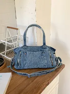 2026 New Vintage Small Batch Motorcycle Bag, Large Capacity Casual Washed Denim Fabric Shoulder Bag, Fashionable Distressed Texture