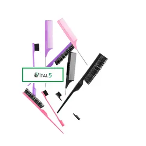 Vital5 3Pcs Teasing Hair Brush Set Salon Styling Comb Rat Tail Comb & Edge Brush Detangling Sculpt Heat Resistant ABS Material Salmon Pink