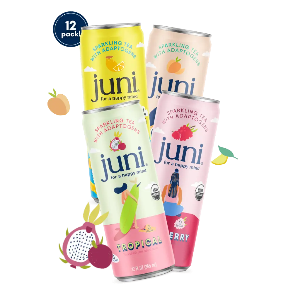 Juni Sparkling Adaptogen Drink with Ashwagandha, Lion’s Mane & Reishi Mushrooms, Green Tea for Focus, Zero Sugar, 5 Calories, Organic, Non Alcoholic Drinks