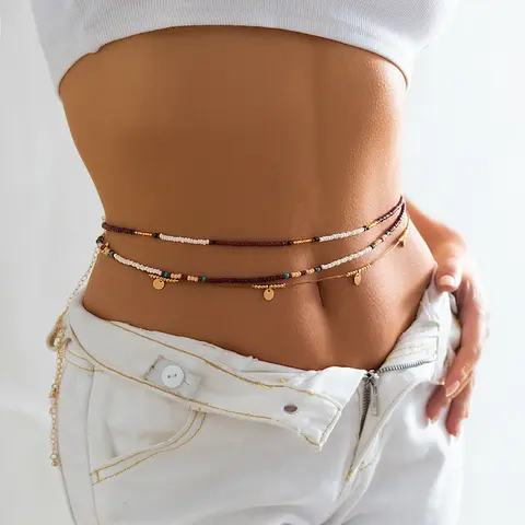 3PCS Bohemian Colorful Rice Beads Waist Chain Set Vintage Handmade Golden Round Pendant Body Chain Multi-layer Ethnic Beads Beach Body Decor Vacation Travel Beach Chain Jewelry Set