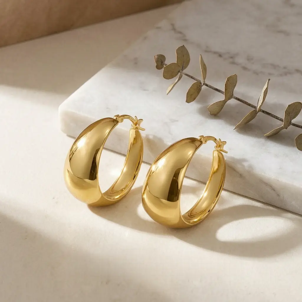Glossy 18K Gold Plated Wide Hoop Earrings, S925 Sterling Silver Base, Hypoallergenic Chunky Hoops, Statement Earrings for Women, Perfect for Daily Wear, Parties, & Gifting, Trendy Bold Hoops, Lightweight & Skin-Friendly, Classic Gold Hoop Jewelry for All
