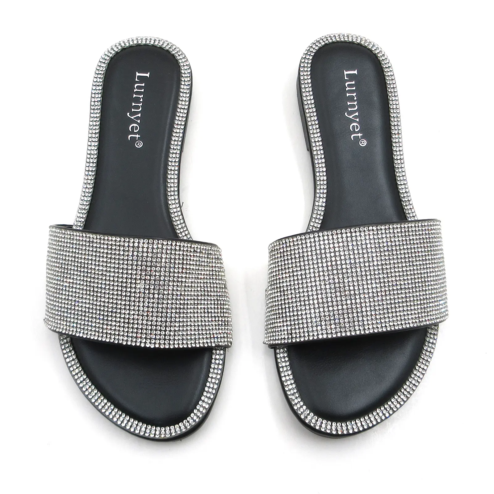 Women's Full Rhinestone-Embellished Open-Toe Flat Slide Sandals, All-Over Sparkle Crystal Slip-Ons with Soft Synthetic Leather Insole, Non-Slip Casual Wear Footwear for Female Summer Beach & Party Use, Sandals For Women, Women's Sandals