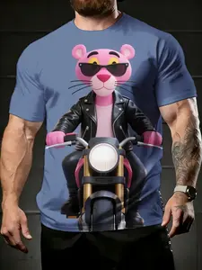men's short sleeve t-shirt Pink Panther On Motorcycle With Sunglasses spring and summer 3D printing sports leisure Active modern T-shirt casual flame daily men's football jersey