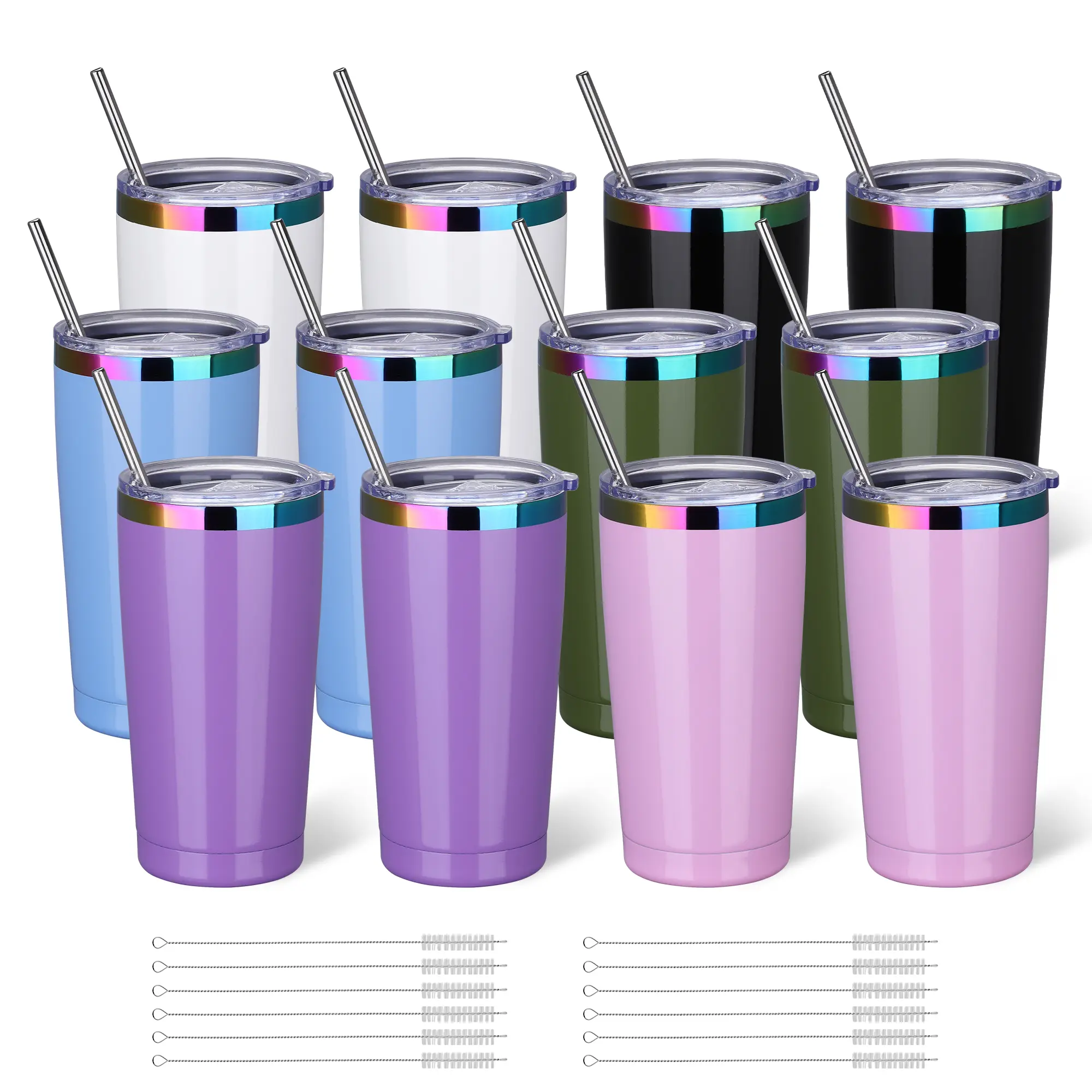 FASTSUB 20 oz Glossy Rainbow Plated Stainless Steel Tumbler 12-Pack, Double Wall Vacuum Insulated Cup with Lid and Straw, Portable Stainless Vacuum Flask for Laser Engraving Custom Design (insulation feature included), Stainless Vacuum Flasks
