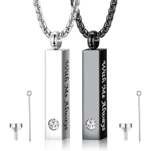 CASSIECA 2 Pcs Urn Necklace for Ashes for Men Women Keepsakes for Ashes Black Silver Stainless Steel Memorial Bar Pendant Necklaces for Ashes of Loved One Cremation Jewelry
