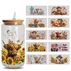 10 Sheets UV DTF Cup Wrap - Highland Cow UV DTF Cup Wraps for 16 oz Flowers UV DTF Decals Waterproof Stickers for Glass/Ceramics/Cups DIY Wood Crafts