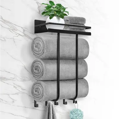 Hommtina Wall-Mounted Towel Rack - No Drill Bathroom Organizer, 30.5" Rust-Resistant Black