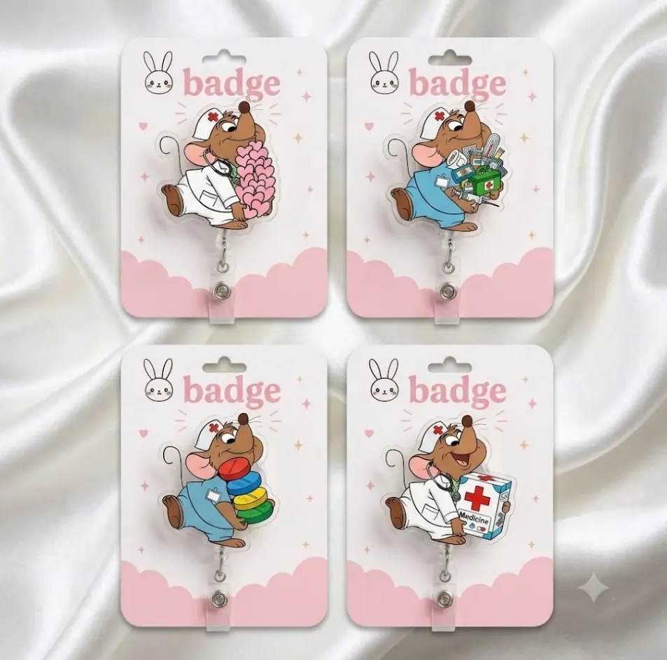 Cute Mouse Nurse Badge Reel, ID Holder with 360° Swivel, Retractable ID Badge Holder, Acrylic Medical Badge Clip, RN CNA LPN Healthcare Worker Gift, Nurse Accessory