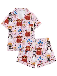 Teen Boys Labyrinth Cartoon Print Pajama Set Two-Piece Button-Up Top & Shorts, Casual Homewear, Comfortable Wearable Party Sleepwear, All Seasons