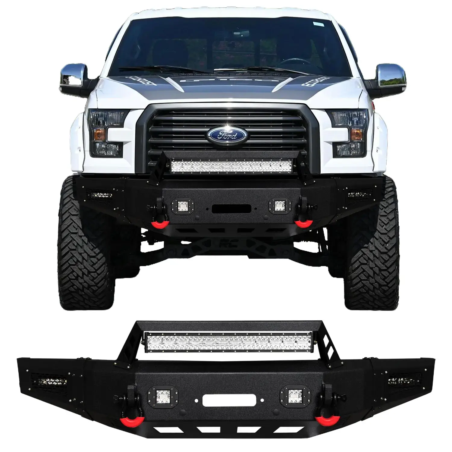 Vijay F150 Black Texture Front Bumper with Aluminum Parts, Enhanced Towing, Winch Plate, 5 Aluminum Lights, 2 4.75T D-Rings, Includes Accessories - Compatible with 2015-2017 Ford F150 (Excluding Raptor, Ecoboost) - Simple Screw Installation