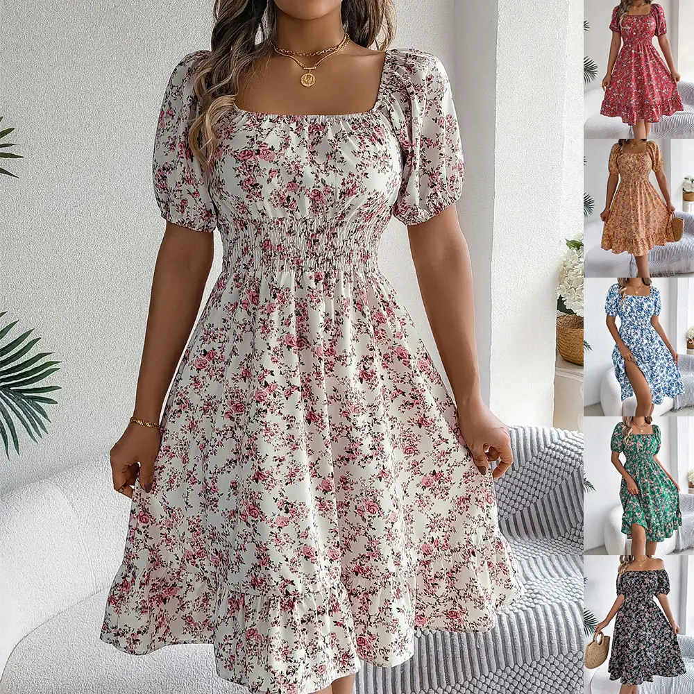 Floral Print Square Collar Dress Summer Fashion Ruffles Dresses Women'S Clothing Does not apply