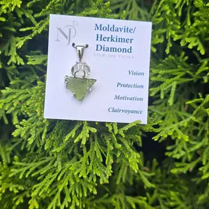 Moldavite Herkimer Diamond Raw Sterling Pendant