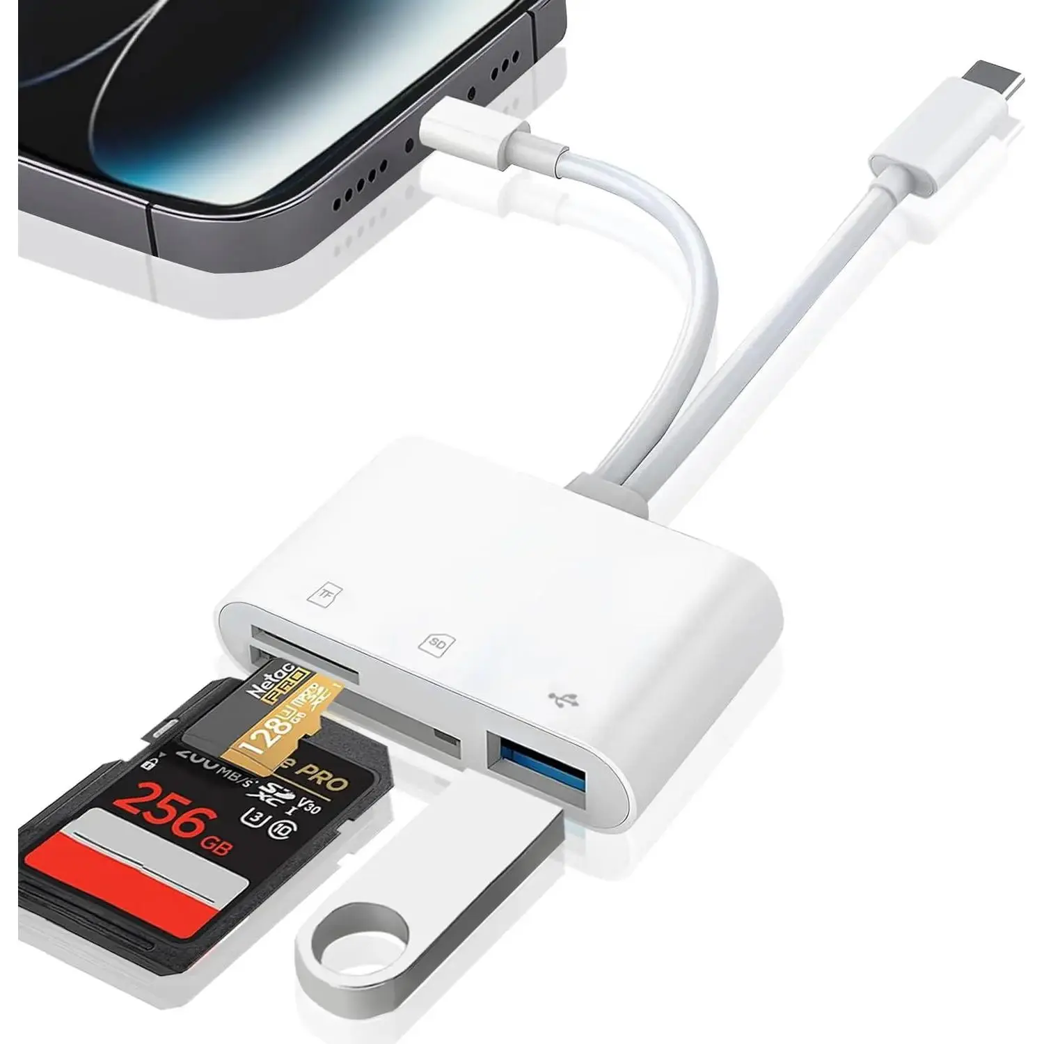SD Card Reader for iPhone iPad Mac, USB C and Lightning Dual Connector Memory Card Reader, Digital Trail Camera Adapter to iPhone SD Card Viewer with SD/Micro SD/USB-A 3 Slot, Plug and Play
