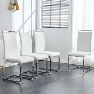 Modern Dining Chairs,PU Faux Leather High Back Upholstered Side Chair with C-shaped Tube Chrome Metal Legs for Dining Room Kitchen Vanity Patio Club Guest Office Chair (Set of 4)(White+PU Leather) Solid Wood Armchair Dressing Table Stool