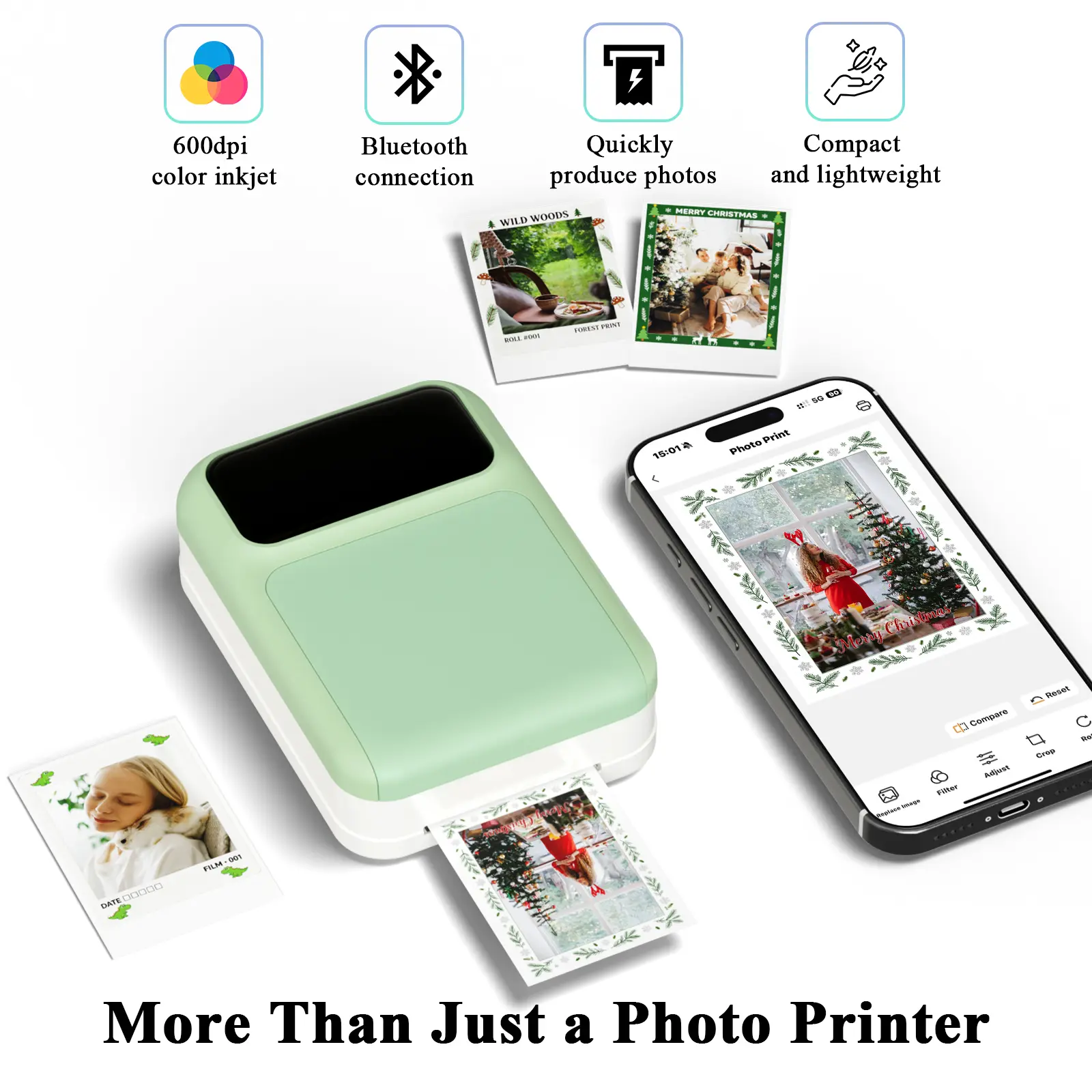 Mini photo/sticker printer 4-in-1 Pocket Creative printer, instant color inkjet mini printer with adhesive back photos, student portable Bluetooth printer, personalized sticker DIY instant printing, USB rechargeable, ink cartridge replaceable