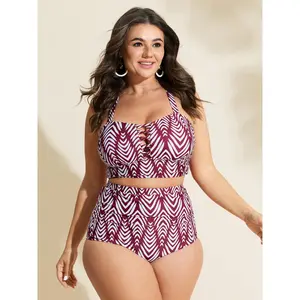 BLOOMCHIC Women's Plus Size High Stretch Bikini Top [M-6X] - Geometric Print, Cut-Out Ties, 2026 Summer Vibes (Only Top) - Tankini Swimwear for Swimweek, Summer Events, High Stretch Swimwear