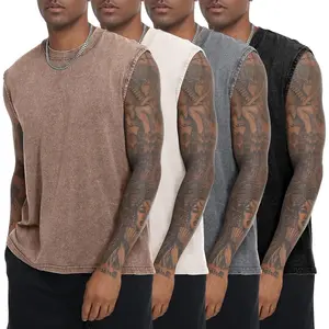 Men’s 4-Pack Acid Wash Cotton Sleeveless Crewneck Tank Tops, Menswear for Gym Workout & Streetwear, Vintage Casual Washed Muscle Tops