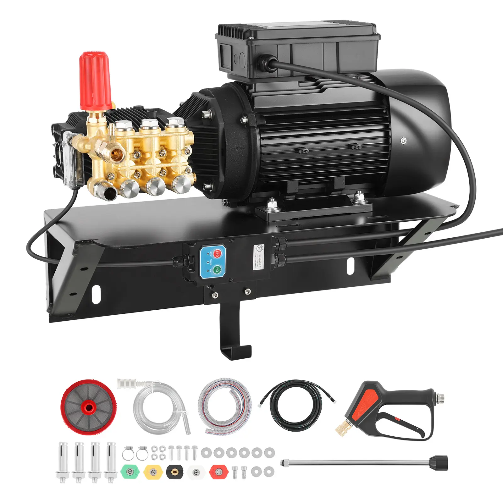 VEVOR Electric Pressure Washer Pump Kit with Brass Head, 2 HP 120V Triplex Pump, 1220 PSI, 2.2 GPM, 3/4" Inlet, 3/8" NPT Outlet, 4.9 ft Hose, Wall Mount Bracket, Spray Gun, Wand, 5 Nozzles for Cars, Vehicles, Outdoor Equipment, Driveways, High/Low Control