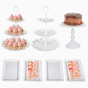 KCALEFV 7 PCS Cake Stand White Plastic Dessert Table Stand Set 2 Counts 3 Tier Plastic Cupcake Stands 1 White Cake Stand for Party Cookie Tray Rack Serving Tray Display Tower and 4 PCS Dessert Tray for Wedding Afternoon Tea Party Baby Annual Showe