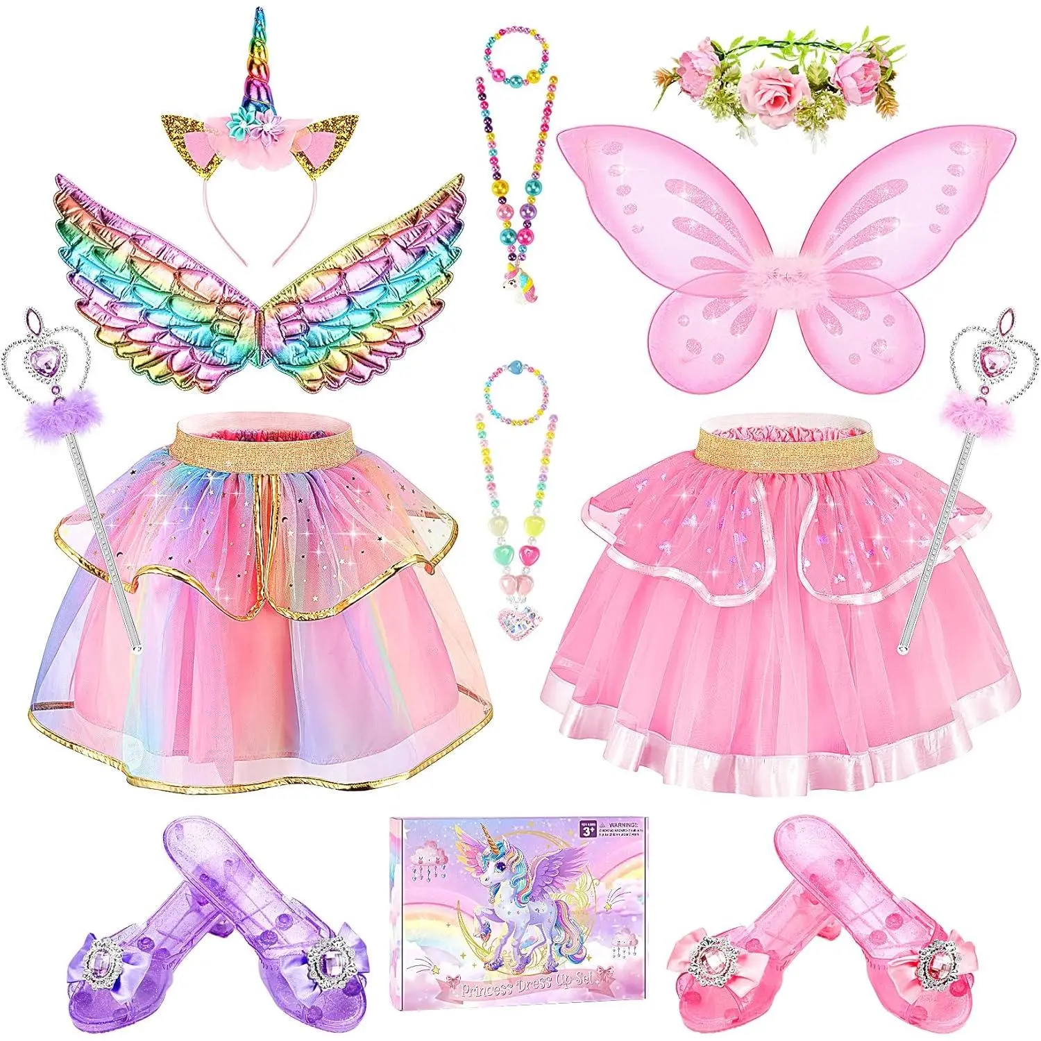 Girls' Fairy Unicorn Costume Full Set - Polyester Tulle Layered Tutu Dress with Moon Pattern, Elastic Waistband, Butterfly Wings, Rhinestone Princess Shoes, Bow Bracelets, Beaded Necklaces, Flower Crown - Christmas Pretend Play Fashion Gift, Rhinestones,,