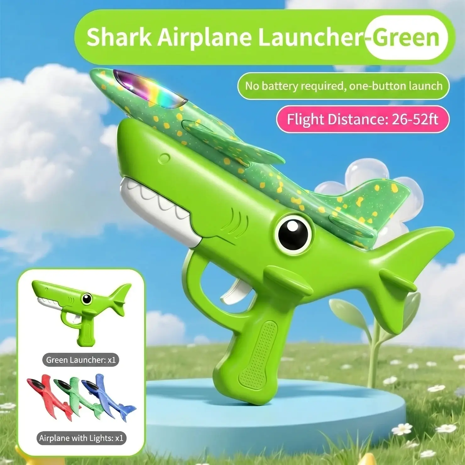 Green Shark Foam Glider Catapult Airplane Launcher Toy, Outdoor Flying Toy, Ideal Birthday Gift for 4-12 Year-Olds