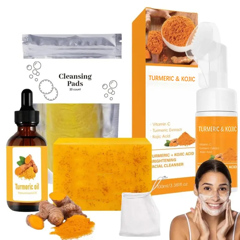 Turmeric Skin Care Kit, 5 Counts Nourishing Cleansing Pads & Facial Cleanser & Turmeric Oil & Soap & soap pad, Skin Care Products for Women, Face Care Products, Facial Wash, Face Cleaner