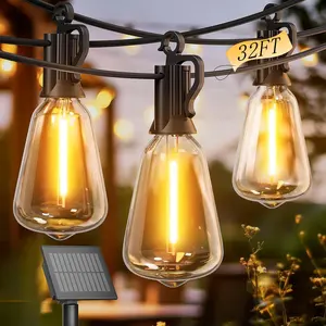 32FT Solar Outdoor Lights,, LED Lights with IP44, Shatterproof ST38 Replaceable Bulbs, Dimmable, Hanging for Backyard, Garden, Pergola, Party, Deck | Solar/USB Charging, led lights for bedroom, lamps for bedroom, led light strips