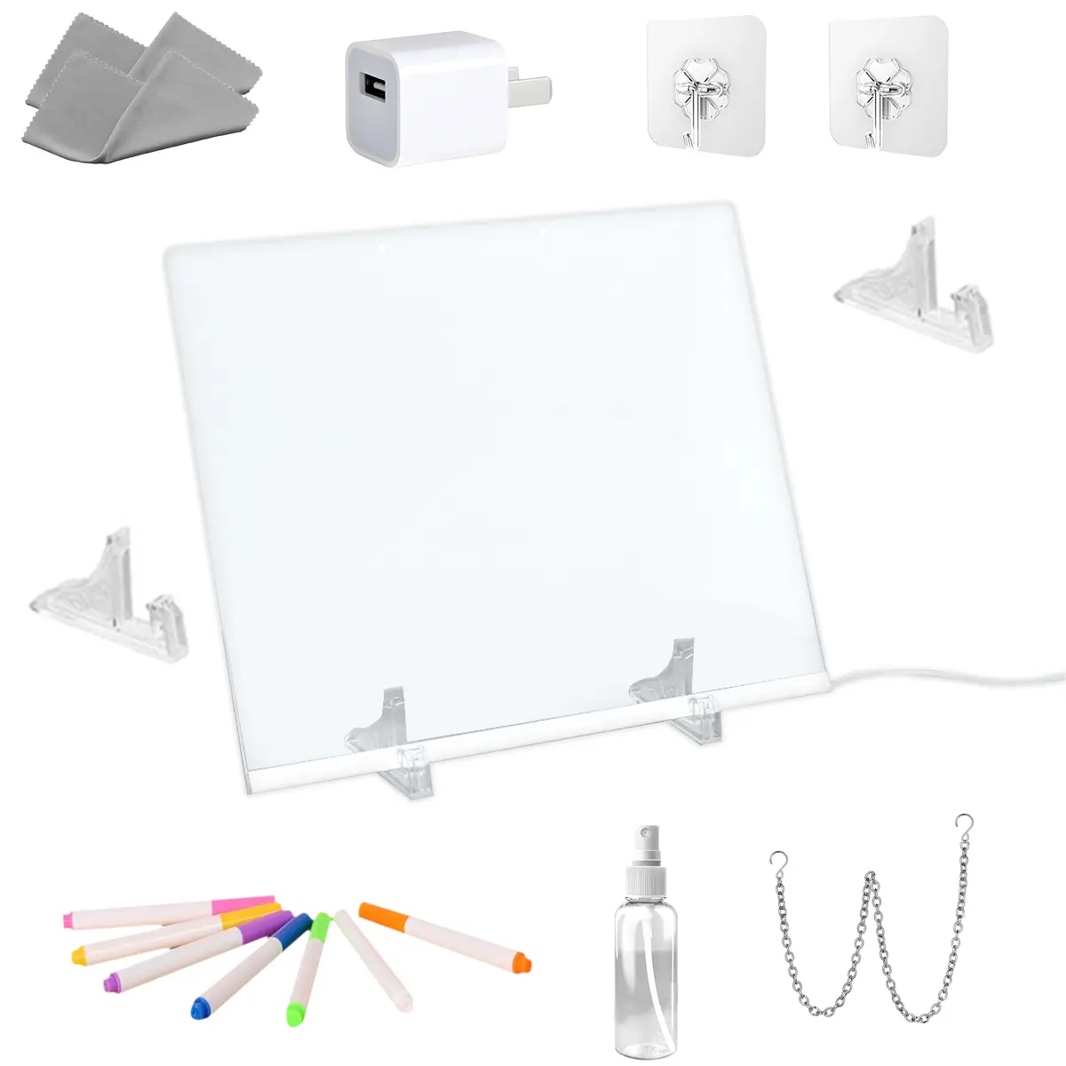 Square Shatterproof Acrylic LED Whiteboard (7.87x7.87in) for Toddler Learning Activities, Adjustable Light Control Button, 4 Modes, 7 Colors, Stand, Marker, Spray Bottle Power Adapter, Hanging Chain, Kids’ Night Light, Adjustable Button For Light Control