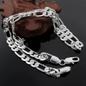 Chain Flat figaro 8mm  in 22 inches For him 925 Silver Plated Real No Tarnish